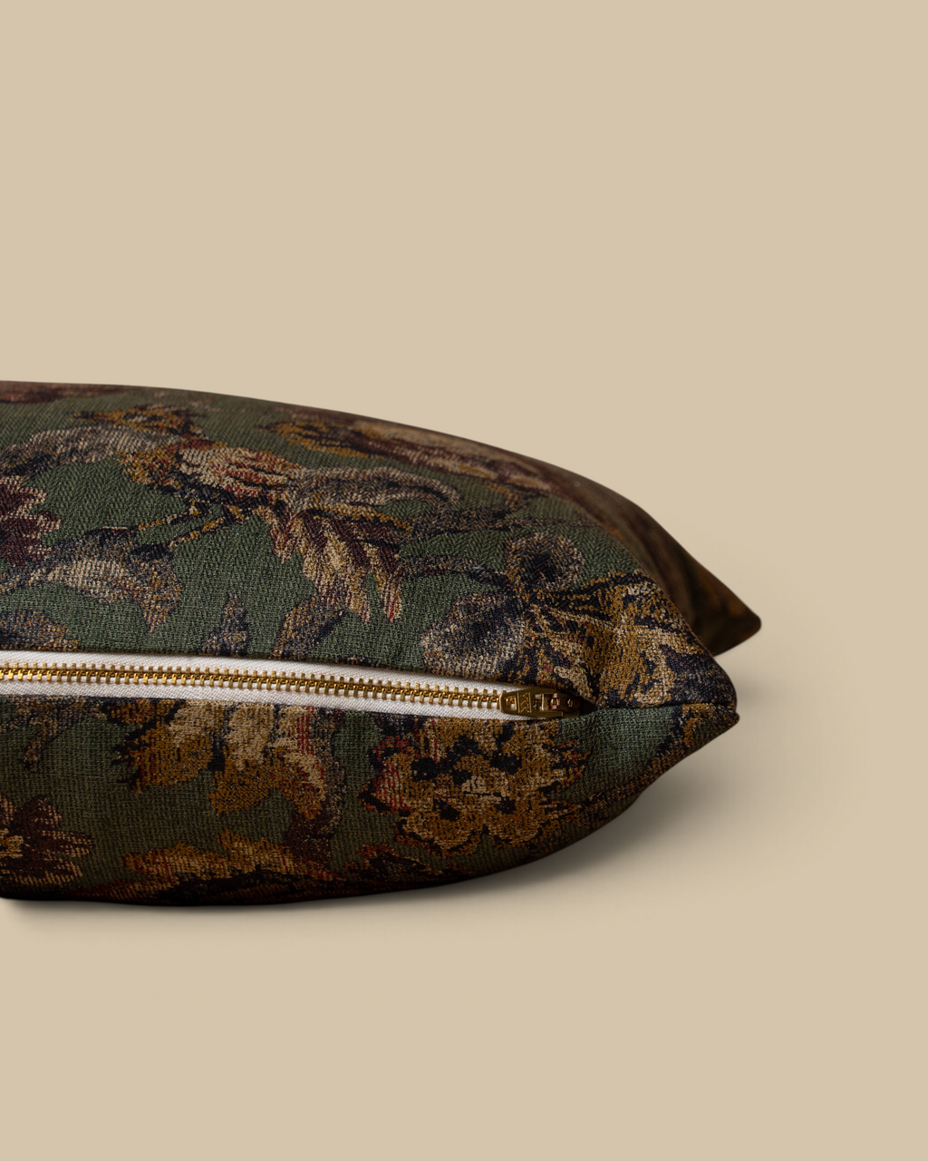 Homestyle Collective Corrine tapestry pillow cover in green, beige, and merlot floral linen-cotton with brass zipper.