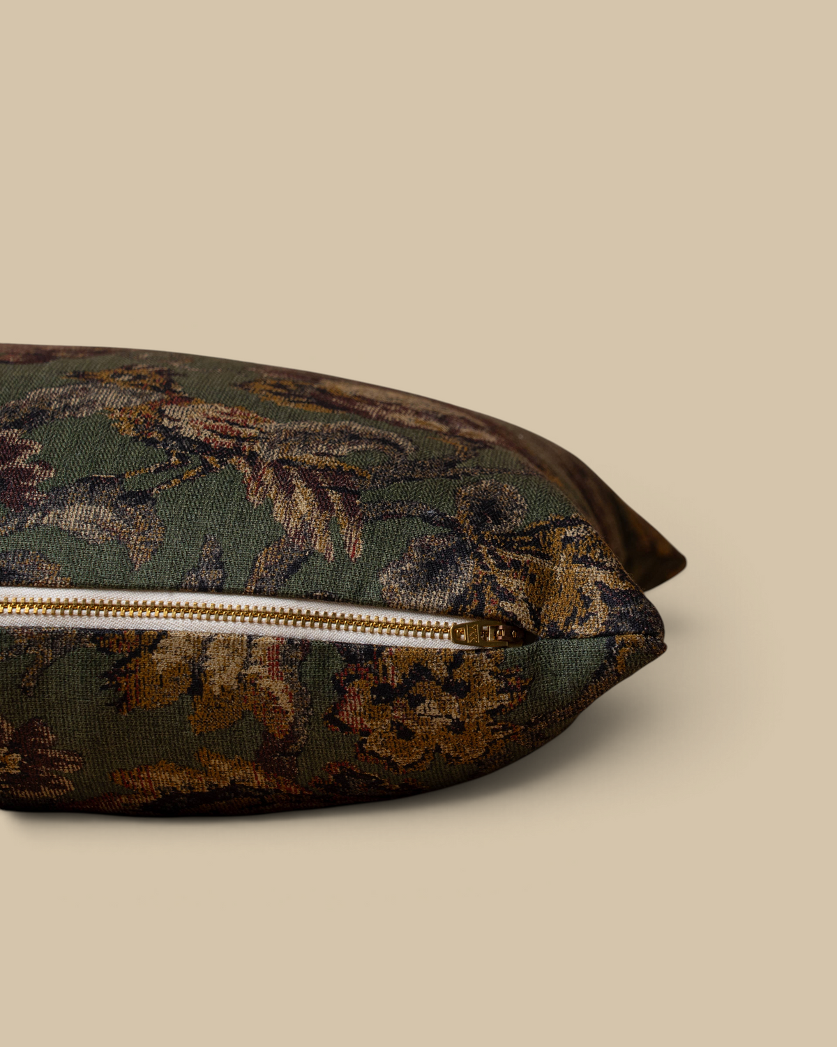 Homestyle Collective Corrine tapestry pillow cover in green, beige, and merlot floral linen-cotton with brass zipper.