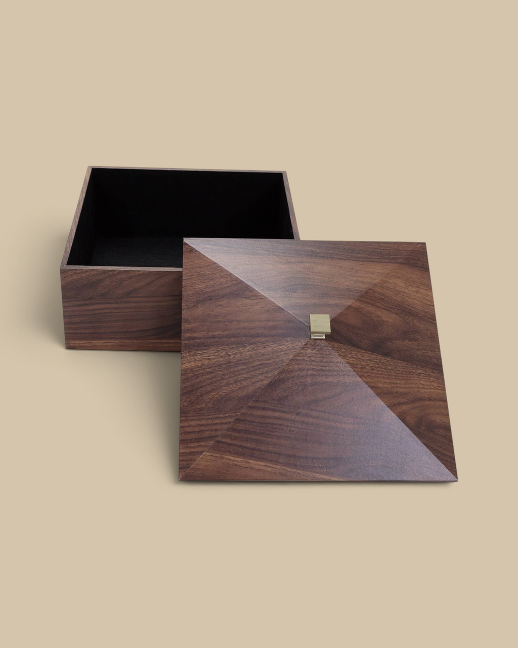 Homestyle Collective Hadway Box in dark engineered wood with a pyramid lid and gold accent, open view.