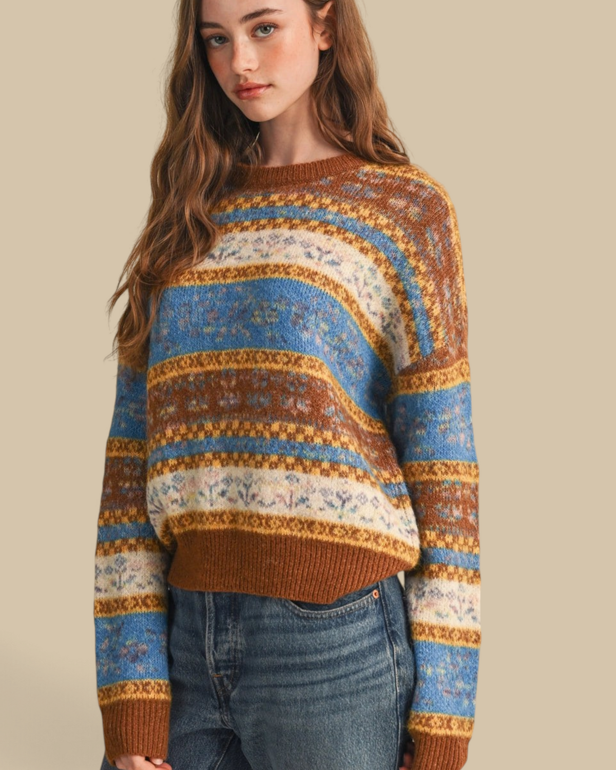Homestyle Collective Toffee Fair Isle sweater with floral patterns, drop shoulders, and ribbed trim on a model.
