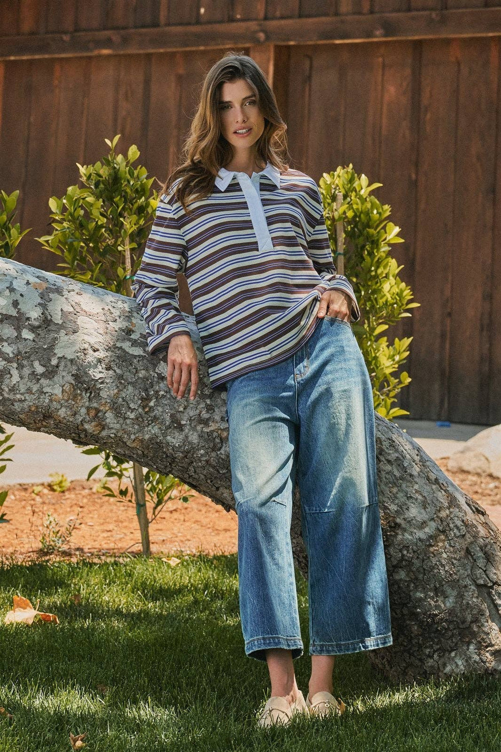 Striped Rugby Polo Knit Top with Contrast Collar