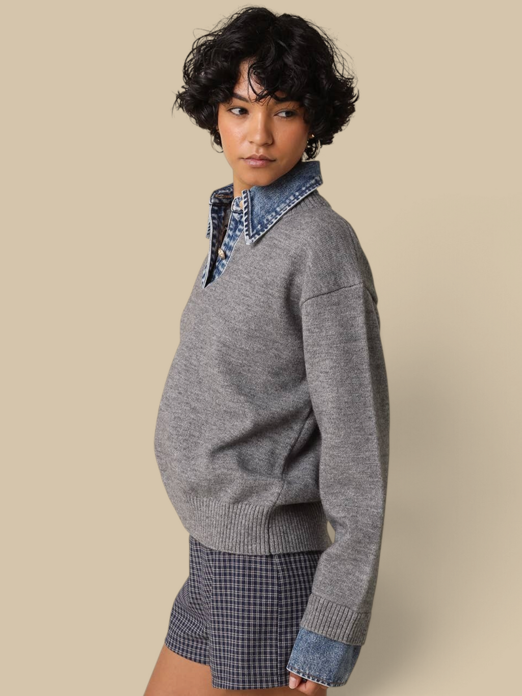 Homestyle Collective Emely grey knit sweater with denim collar and cuffs, featuring gold buttons and relaxed fit.