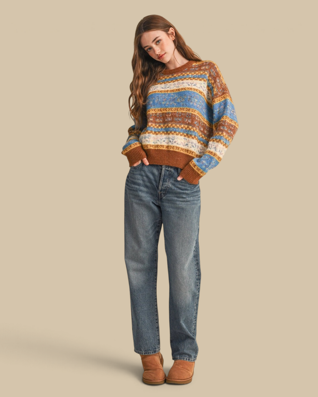 Homestyle Collective Toffee Fair Isle sweater with vibrant floral patterns, drop shoulders, and a ribbed round neck.