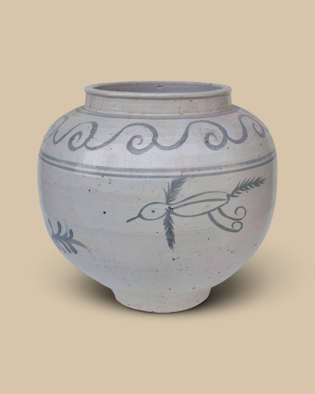 Homestyle Collective vintage white porcelain jar with crackle glaze and hand-painted grey flying bird motif.