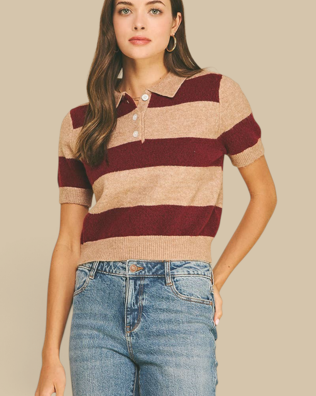 Homestyle Collective burgundy and beige striped short sleeve knit polo sweater with a button-down collar.
