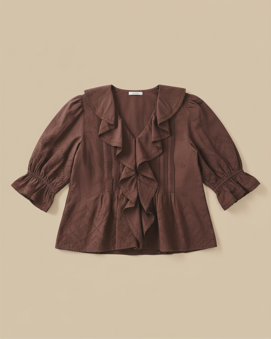 Brown Eyelet Ruffle Blouse