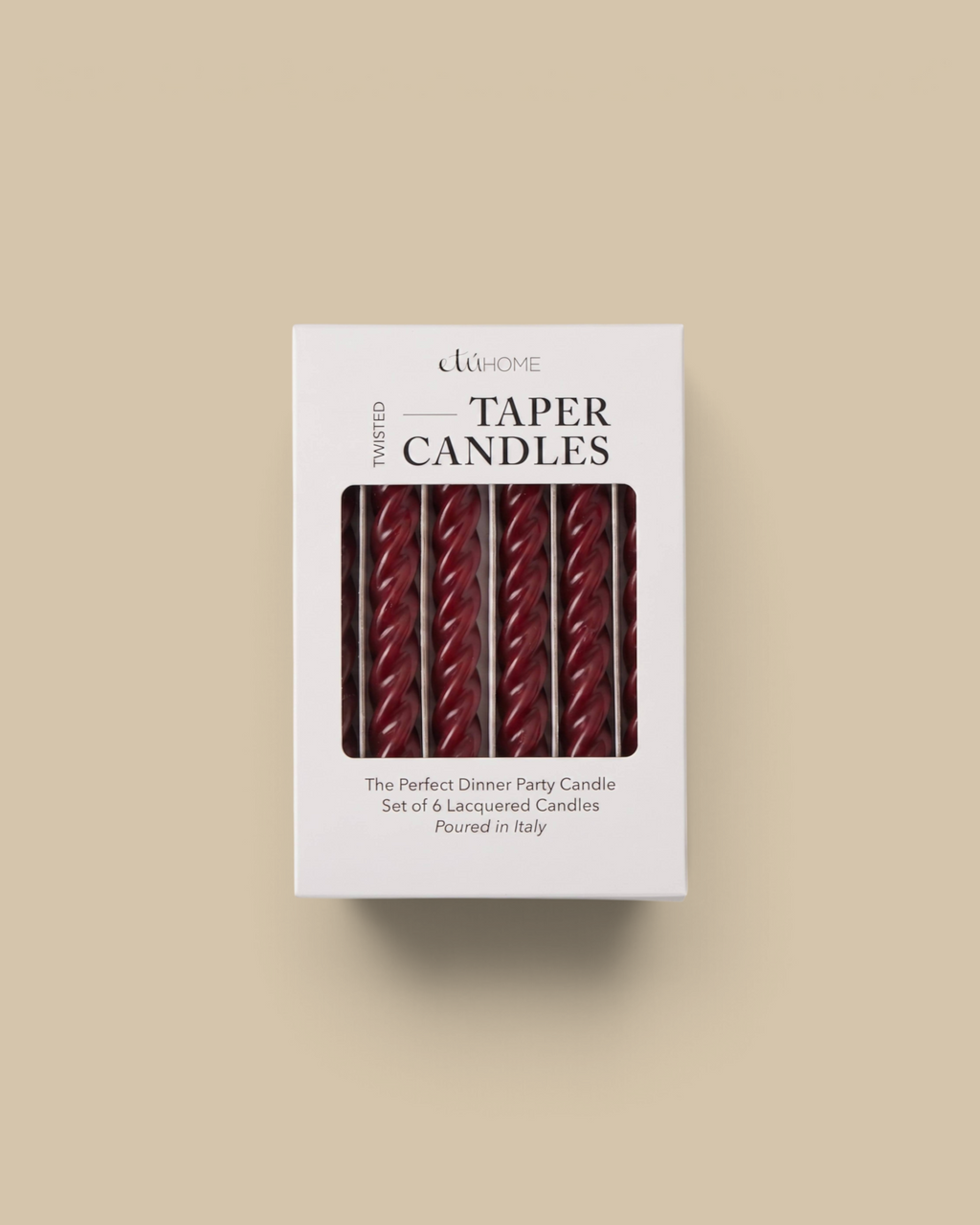 Homestyle Collective set of 6 merlot lacquered twisted taper candles in white display box on marble surface