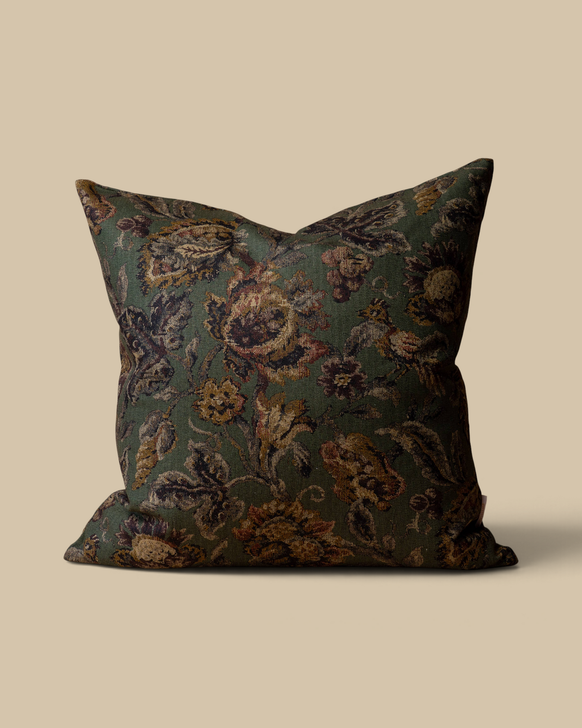 Homestyle Collective Corrine 20x20 tapestry pillow cover in moody green, beige, and merlot floral linen-cotton blend.