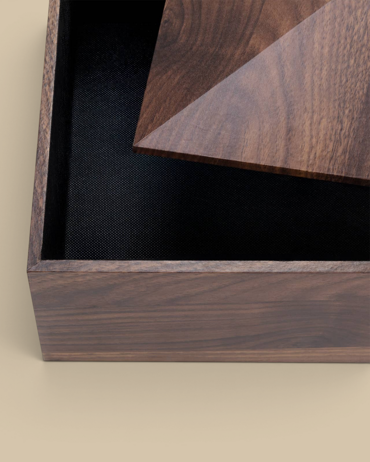 Homestyle Collective Hadway Box featuring a dark engineered wood finish with a geometric lid and black interior lining