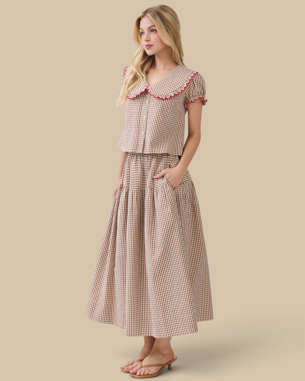 Homestyle Collective two-piece brown gingham set with Peter Pan collar, scalloped trim, and flowy maxi skirt.