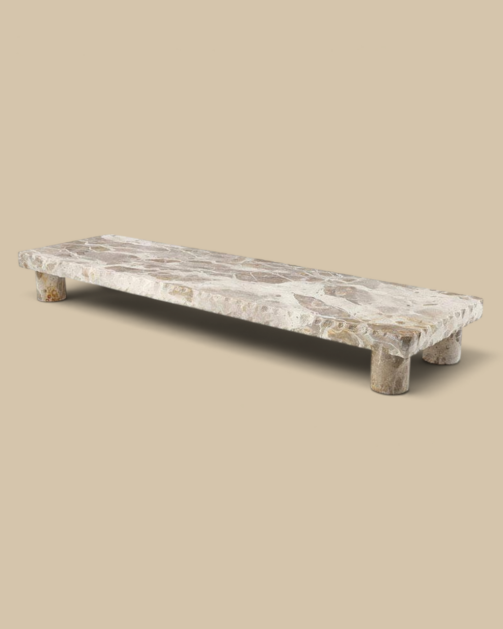 Homestyle Collective beige marble pedestal stand with natural veining and cylindrical legs for home decor display.
