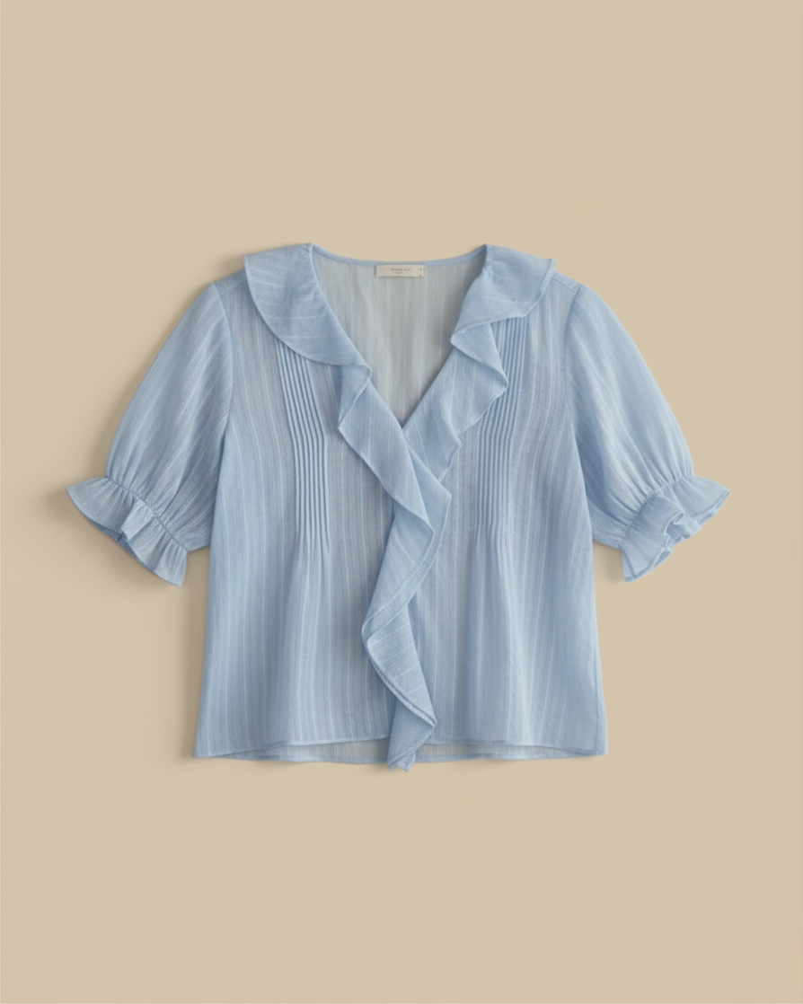 Powder Blue Ruffle Pintuck Blouse