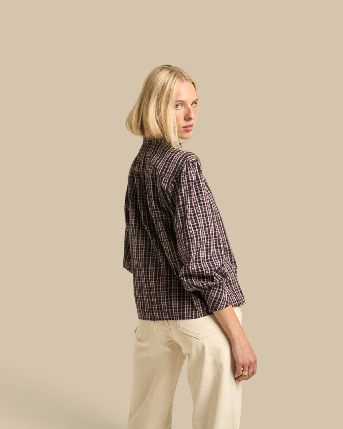 Homestyle Collective Alexa long-sleeve cotton blouse in navy, burgundy, and cream gingham with a relaxed fit.