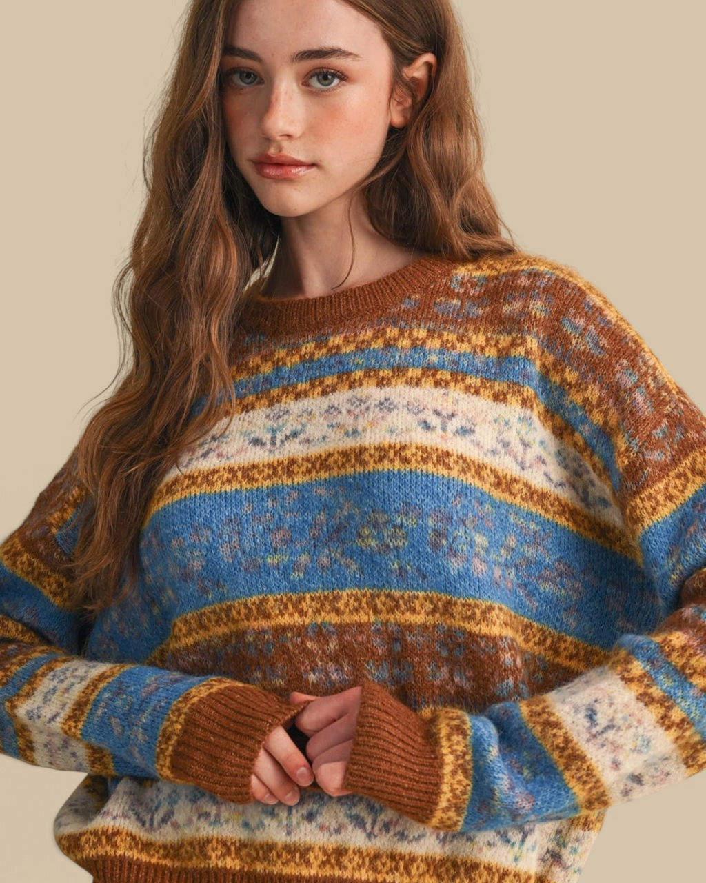 Homestyle Collective toffee fair isle sweater with vibrant floral patterns, round neck, and relaxed drop-shoulder fit.