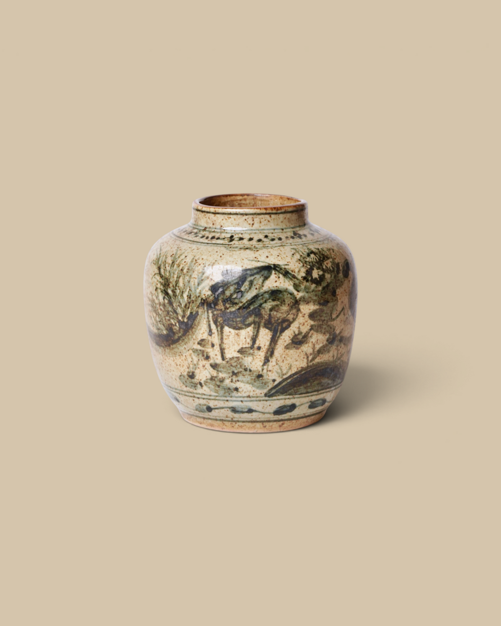 Homestyle Collective rustic porcelain round vase featuring watercolor-style crane and deer motifs in brown and blue.
