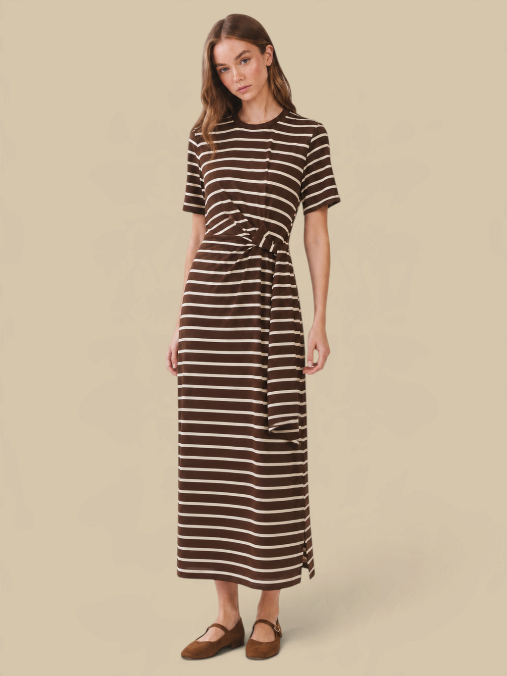 Homestyle Collective chocolate brown striped jersey maxi dress with short sleeves and an adjustable waist tie.