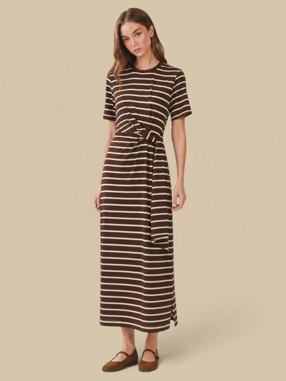 Homestyle Collective chocolate brown striped jersey maxi dress with short sleeves and an adjustable waist tie.