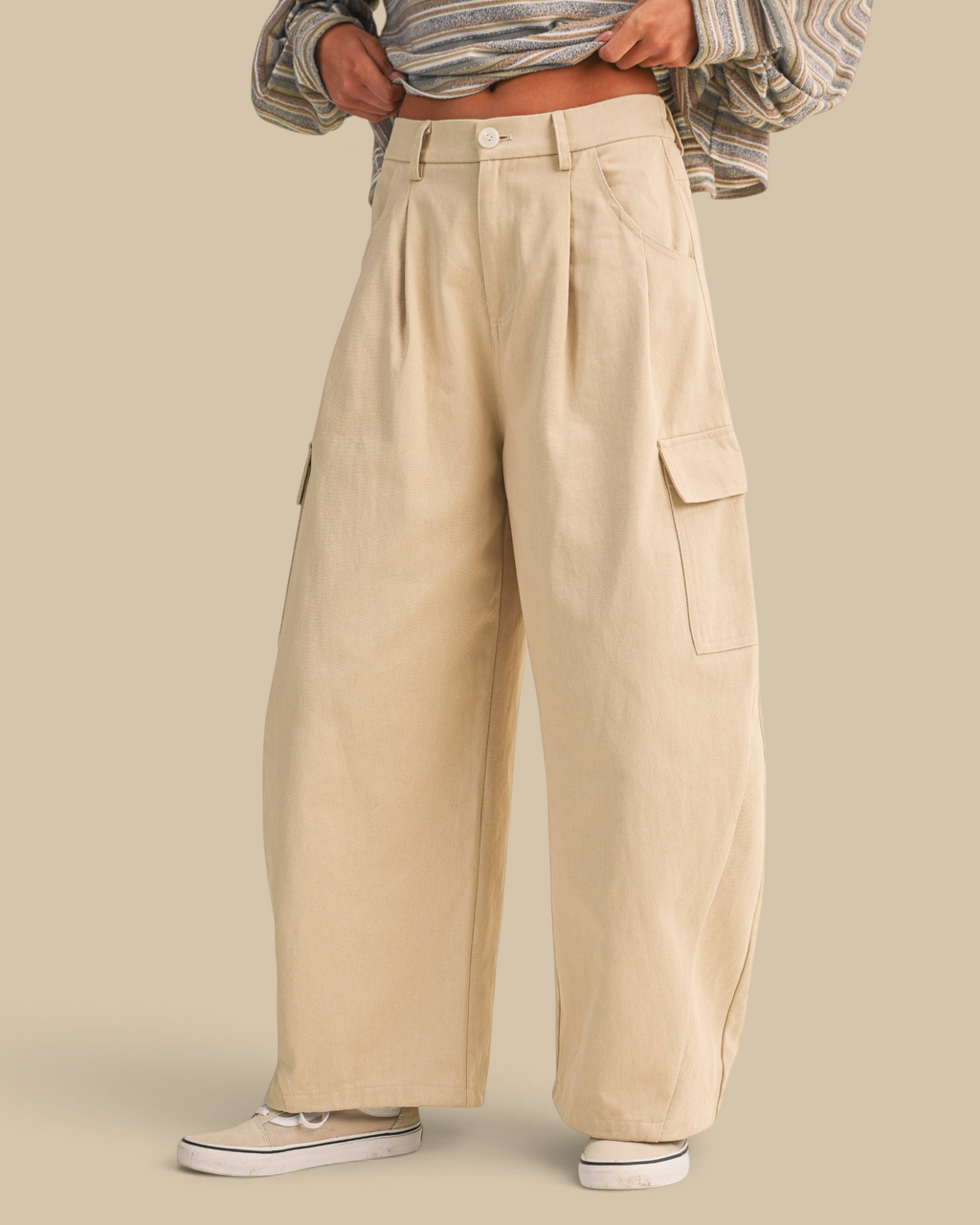 Homestyle Collective beige cotton twill cargo barrel pants with a high-waisted wide-leg fit and side pockets