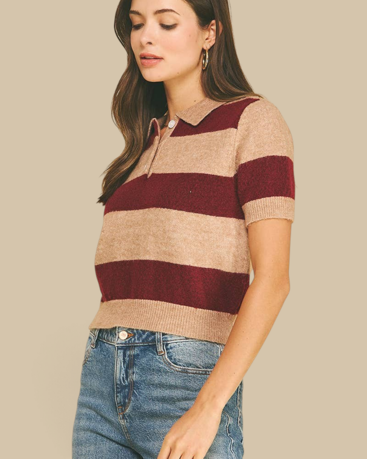 Homestyle Collective burgundy and beige striped short sleeve knit sweater with a collared button-down neckline.