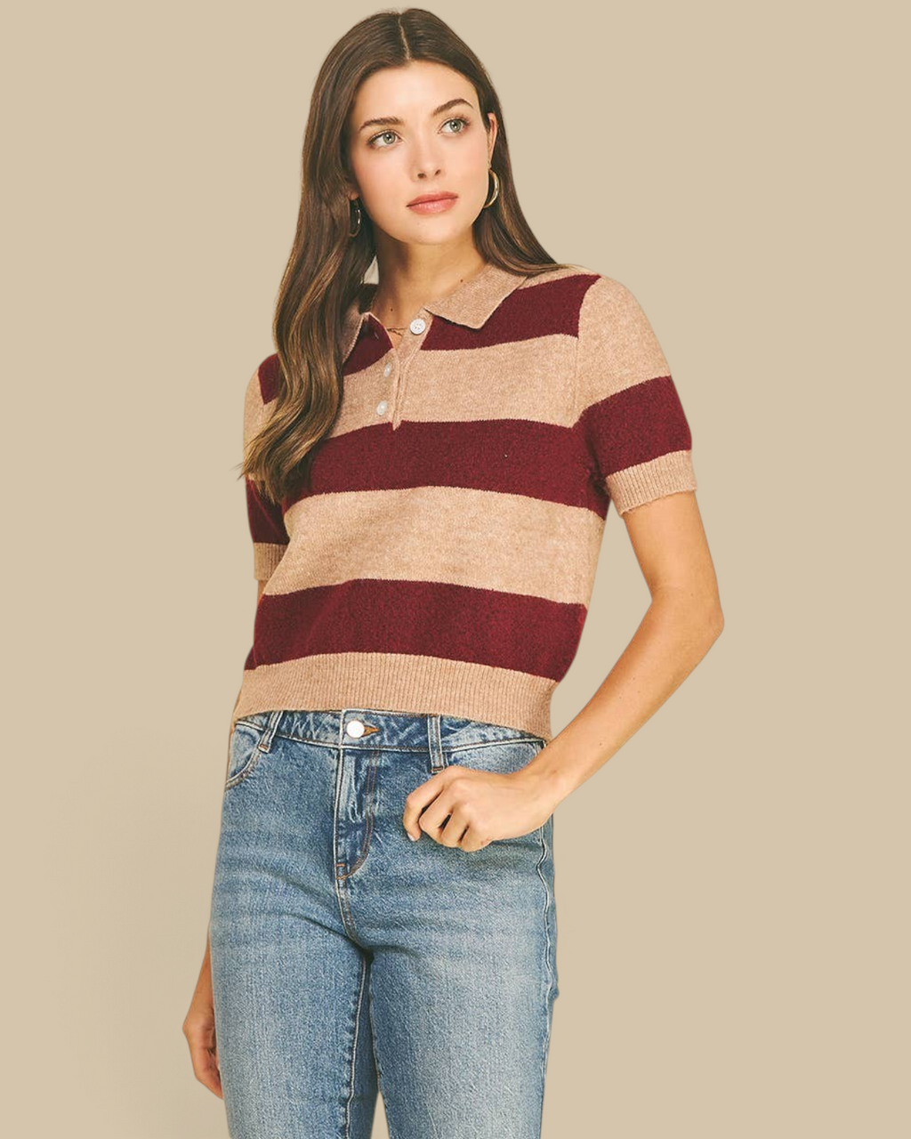 Homestyle Collective burgundy and beige striped short sleeve knit polo sweater with a button-down collar