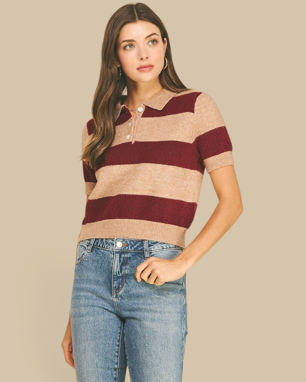 Homestyle Collective burgundy and beige striped short sleeve knit polo sweater with a button-down collar