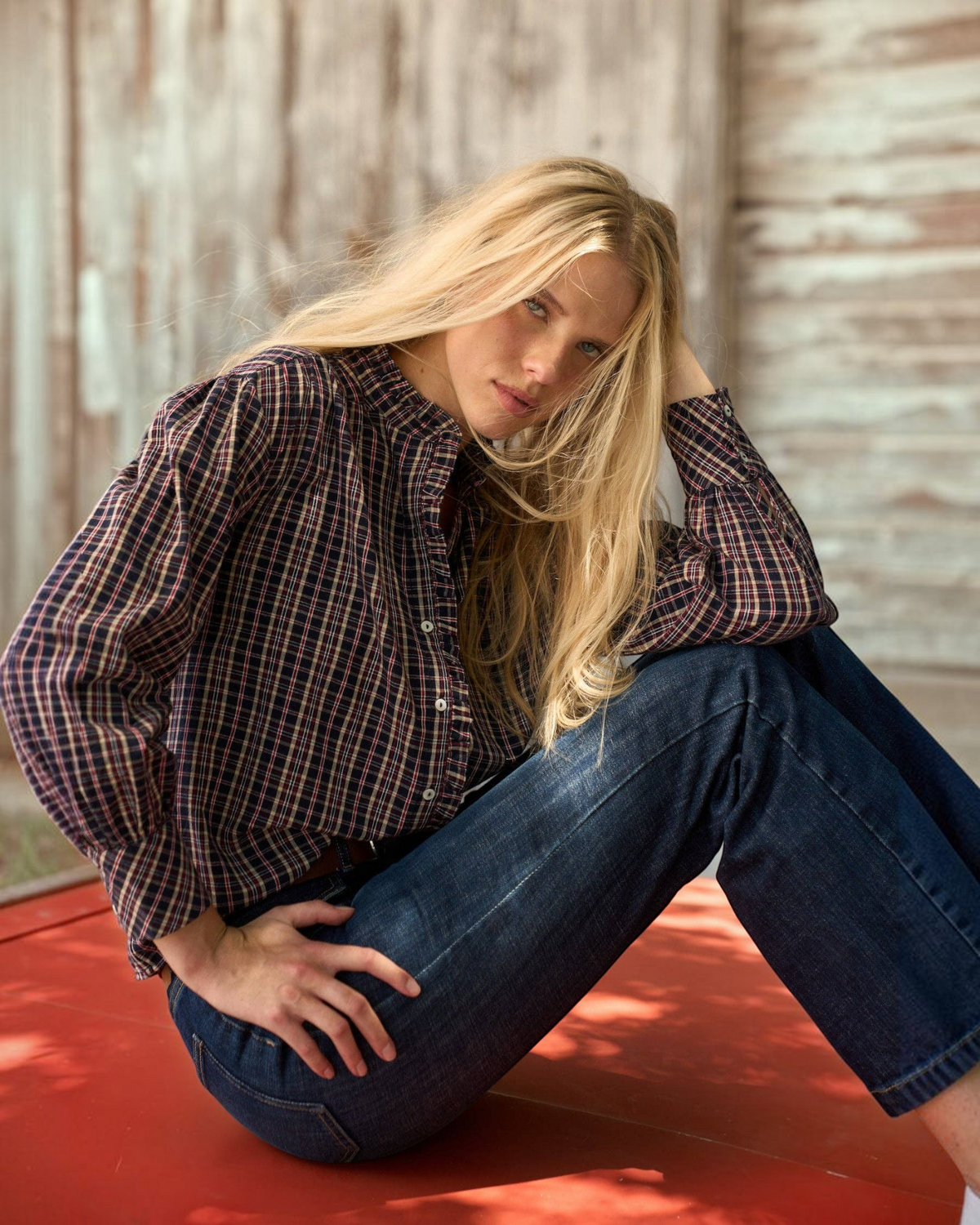 Homestyle Collective Alexa blouse in navy, burgundy, and cream gingham cotton with ruffle neckline and button front