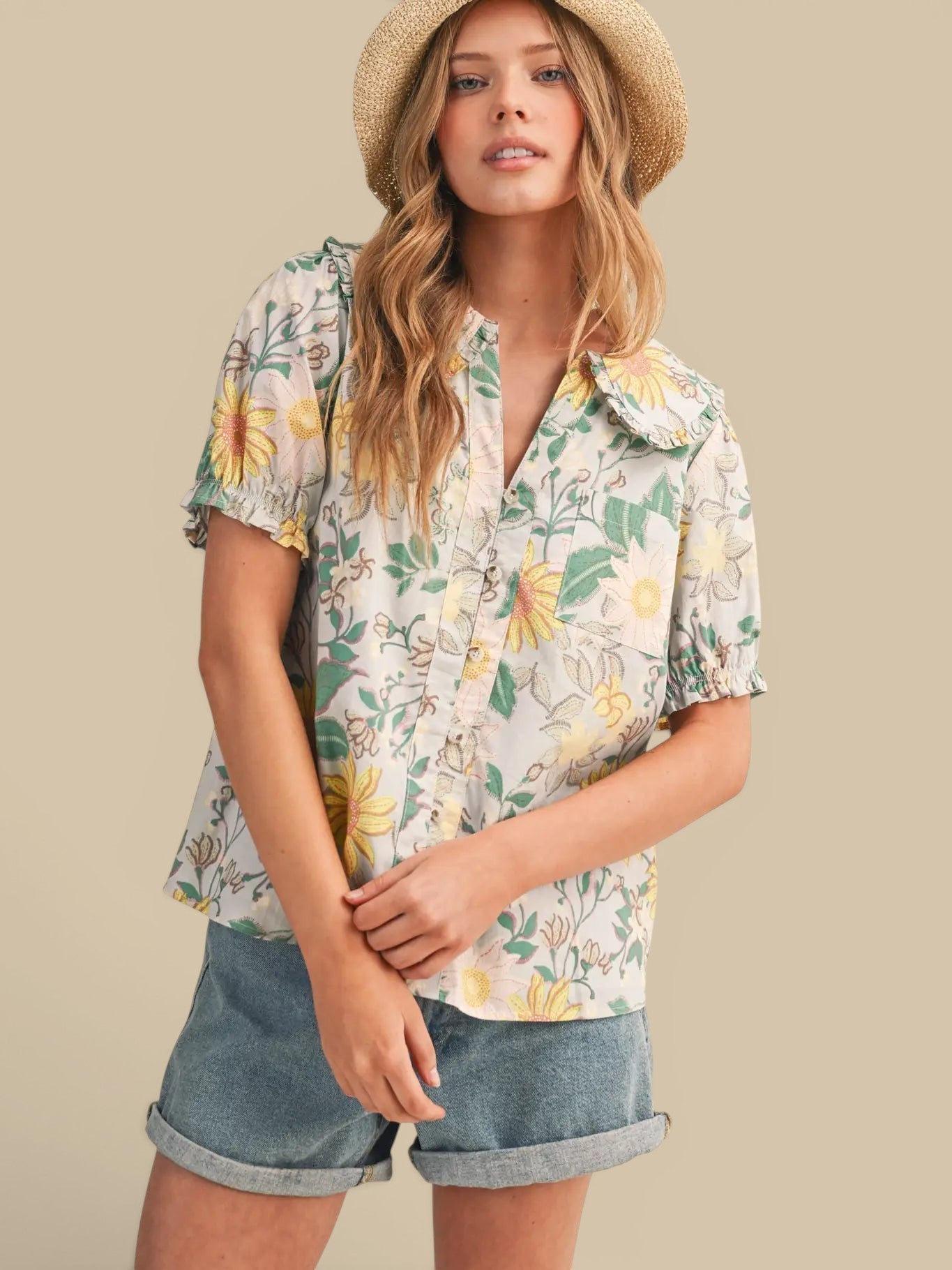Mint Floral Short Sleeve Blouse