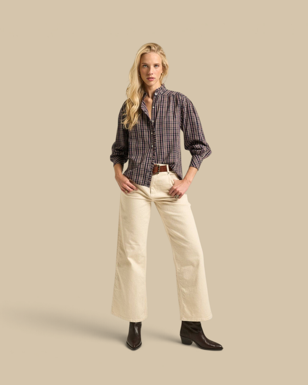 Homestyle Collective Alexa blouse in navy, burgundy, and cream gingham cotton with ruffle neckline and button front.