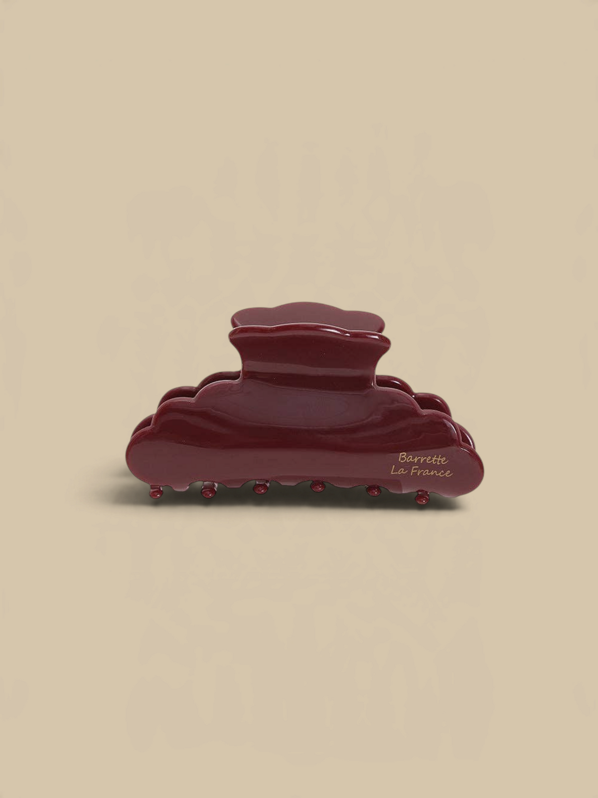 Homestyle Collective maroon scalloped hair claw clip with vintage design and gold Barrette La France branding