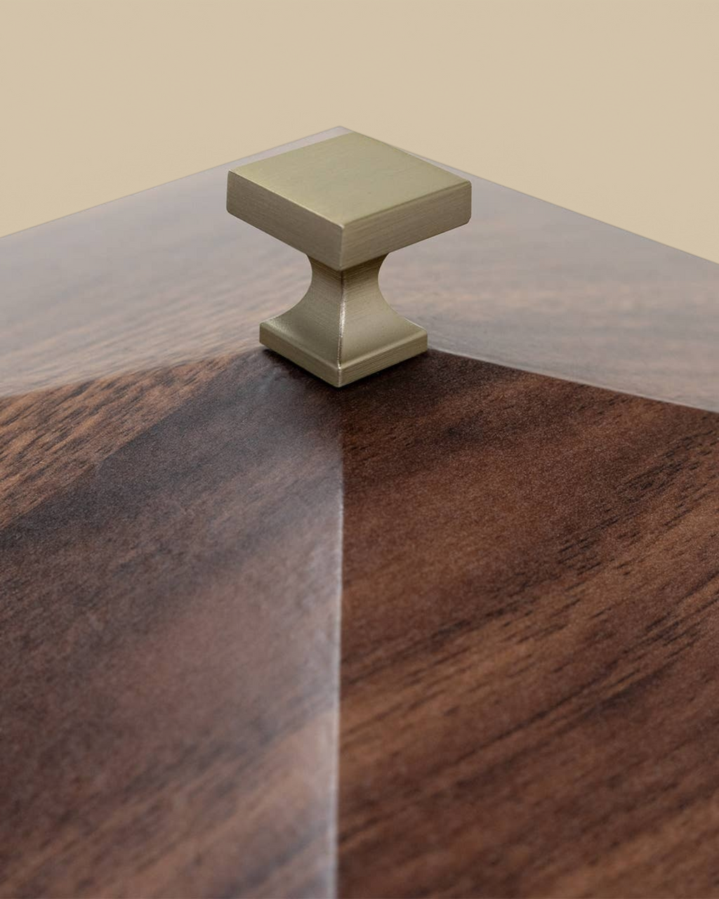 Homestyle Collective Hadway Box featuring a dark wood grain finish and a square brushed brass knob on the lid