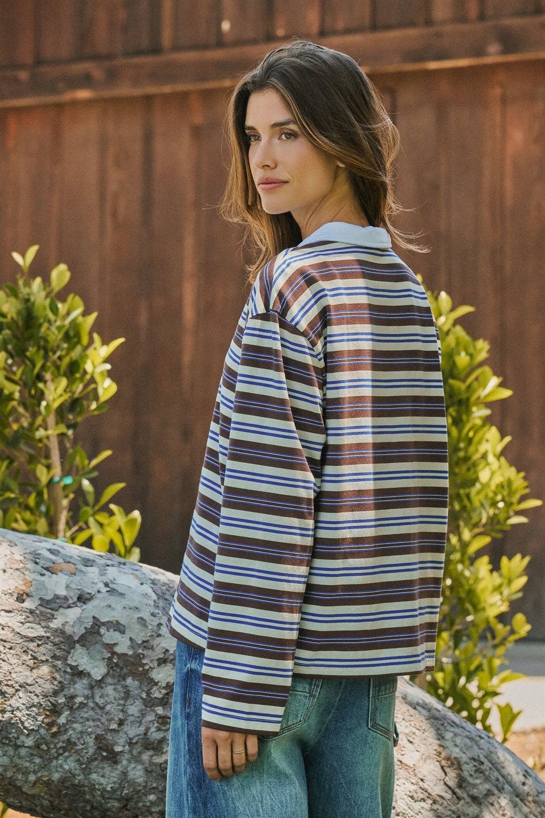 Striped Rugby Polo Knit Top with Contrast Collar
