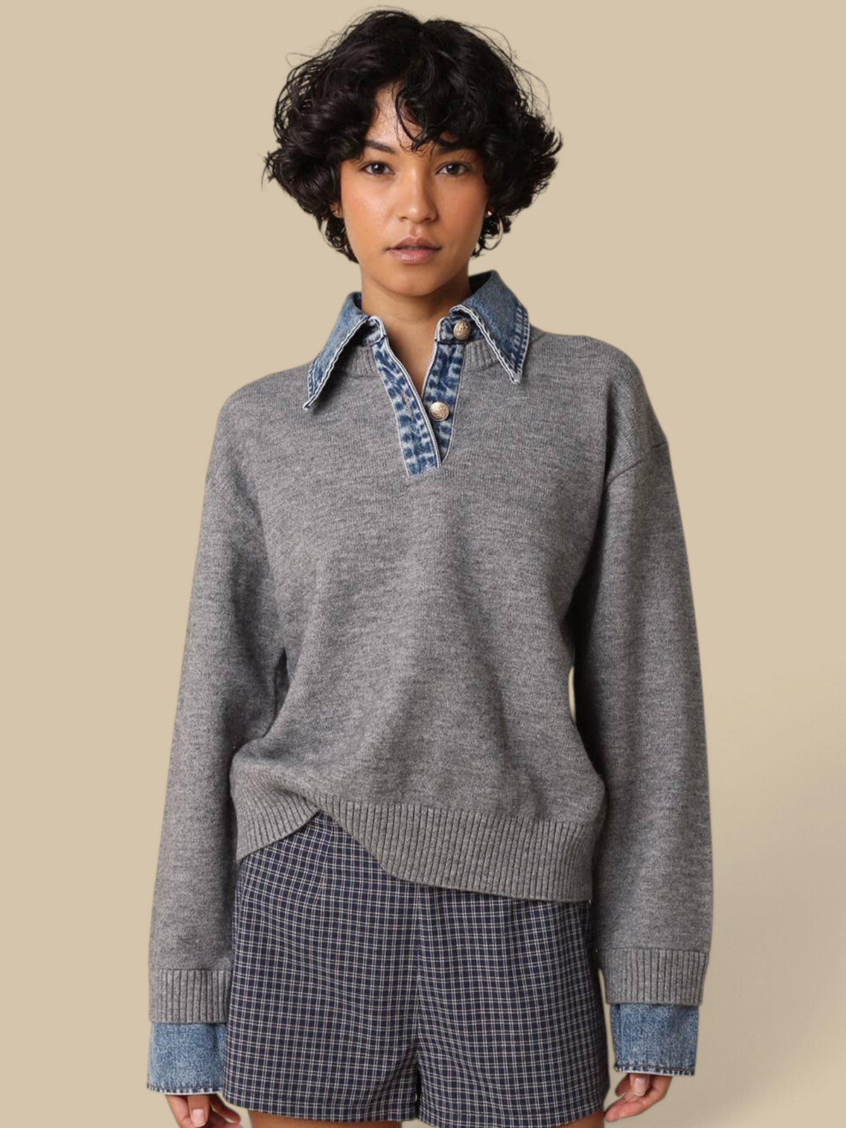 Homestyle Collective Emely grey knit sweater with denim collar, gold buttons, and denim cuffs on a model