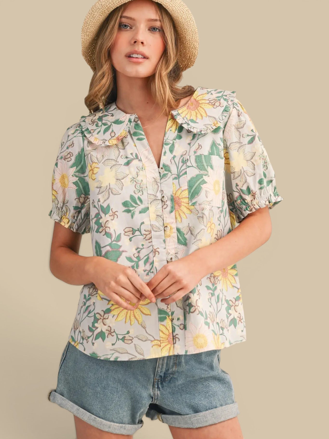 Mint Floral Short Sleeve Blouse