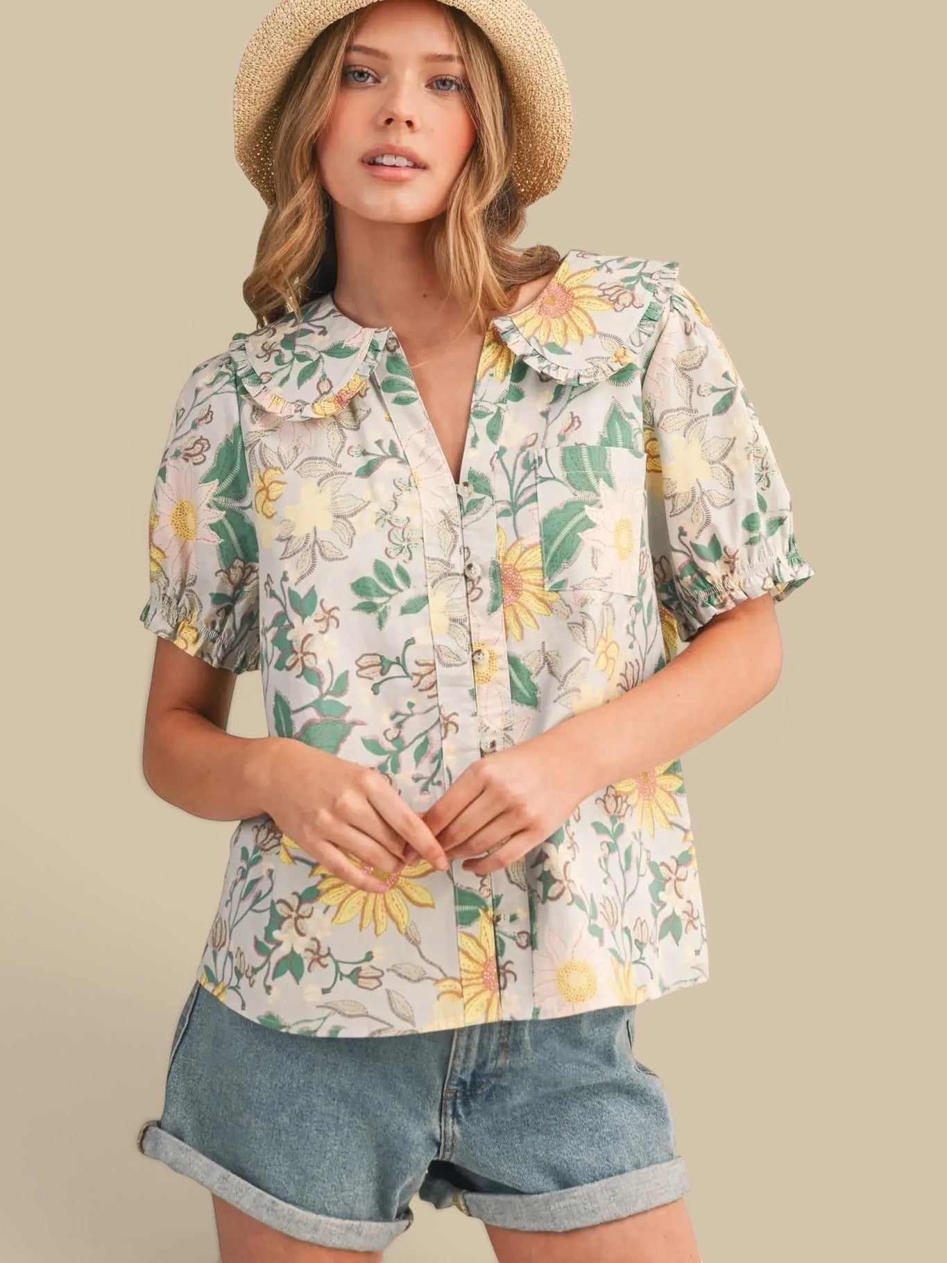 Mint Floral Short Sleeve Blouse