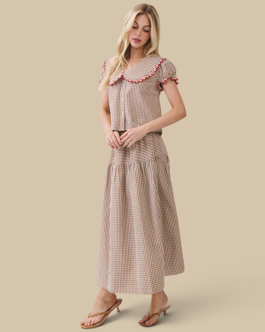 Homestyle Collective two-piece brown gingham set with a Peter Pan collar blouse and a flowy maxi skirt.