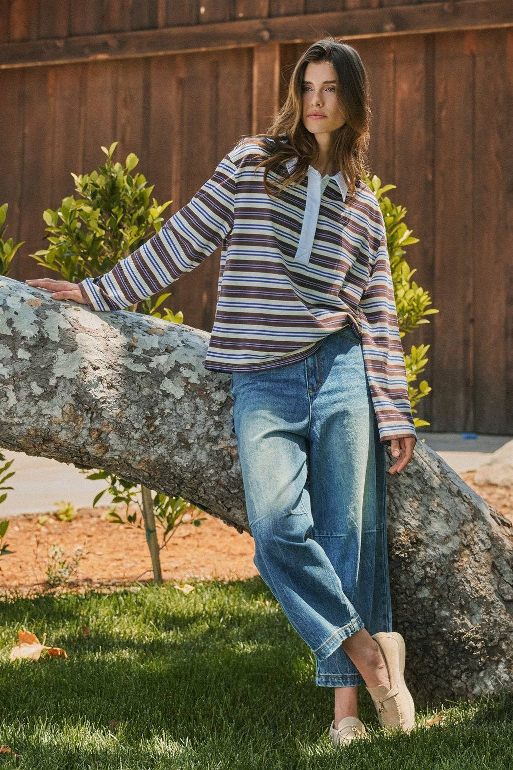 Striped Rugby Polo Knit Top with Contrast Collar