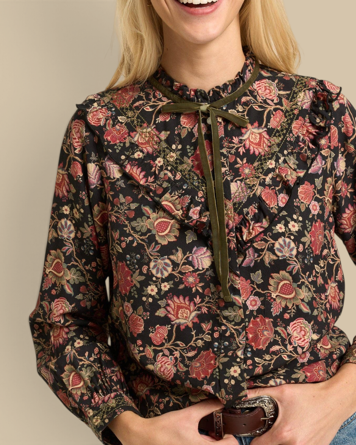 Homestyle Collective Hazel blouse in black floral viscose with ruffle yoke, embroidery, and olive velvet neck tie.