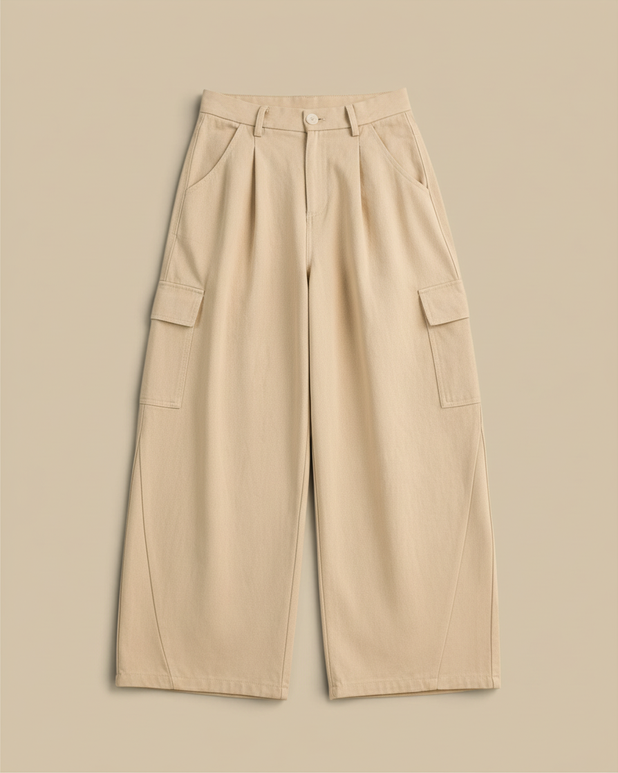 Homestyle Collective beige cotton twill cargo barrel pants with a high-waisted wide-leg fit and side pockets.