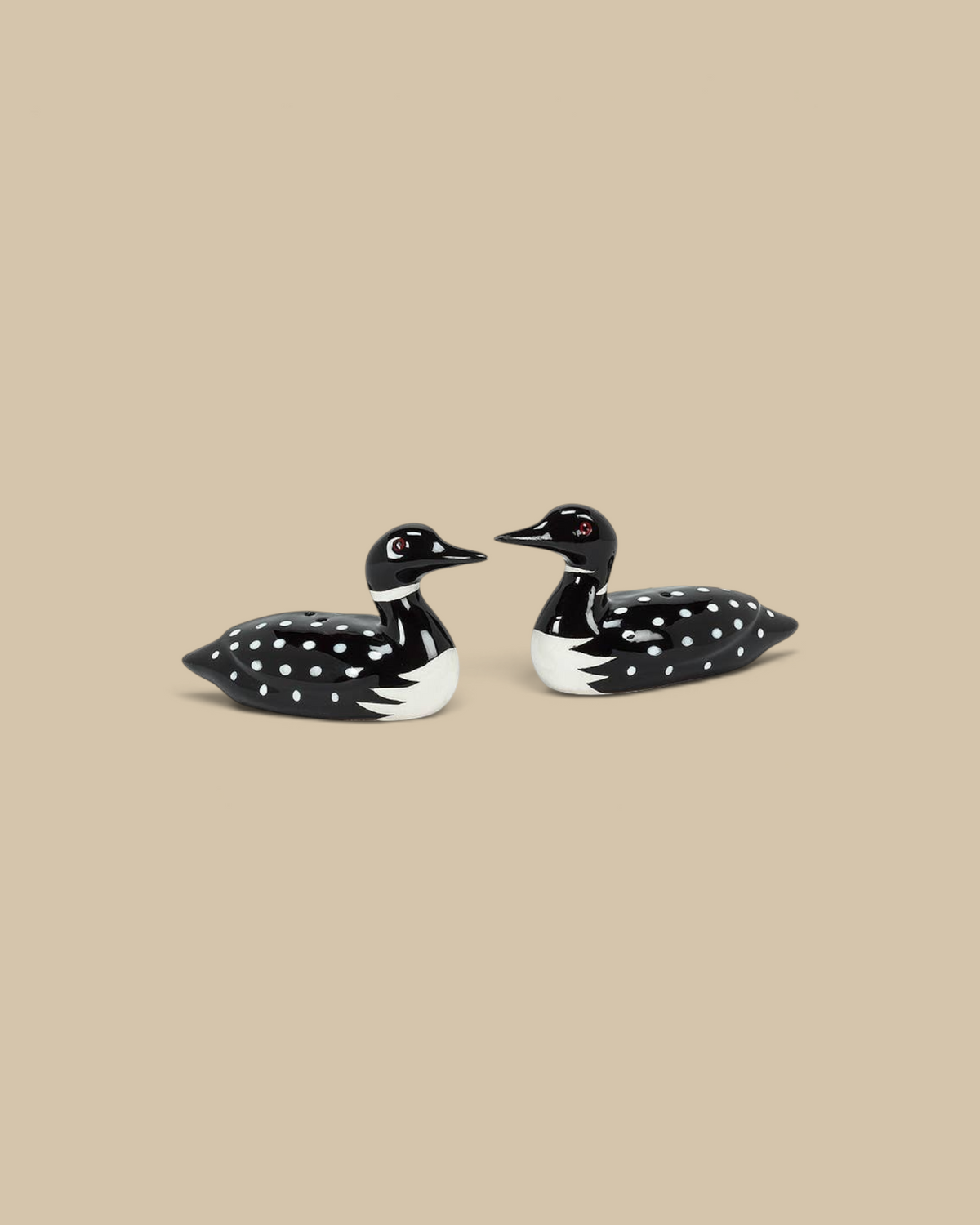Homestyle Collective ceramic loon salt and pepper shakers with black and white spotted waterfowl design