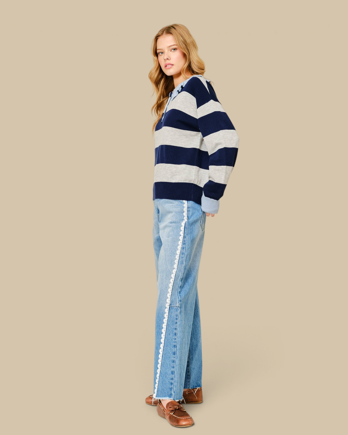 Homestyle Collective barrel denim jeans featuring white lace side trim, mid-rise waist, and relaxed fit on a model.