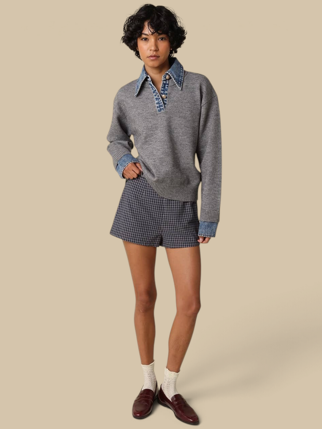 Homestyle Collective Emely grey knit sweater with denim collar and cuffs, gold buttons, and relaxed fit.