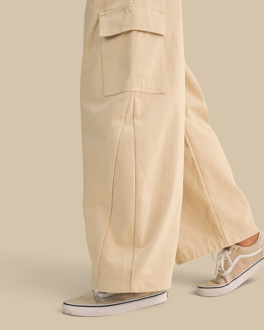 Homestyle Collective beige cotton twill cargo barrel pants with wide-leg fit and side pocket detail