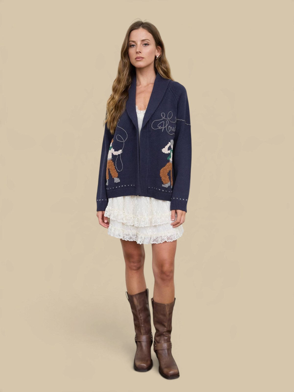 Homestyle Collective navy knit cardigan with Howdy Cowboy jacquard pattern, shawl collar, and relaxed open front fit.