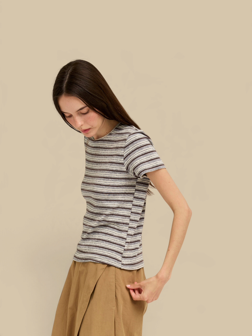 Homestyle Collective light grey striped jersey t-shirt with short sleeves and round neck worn by a model