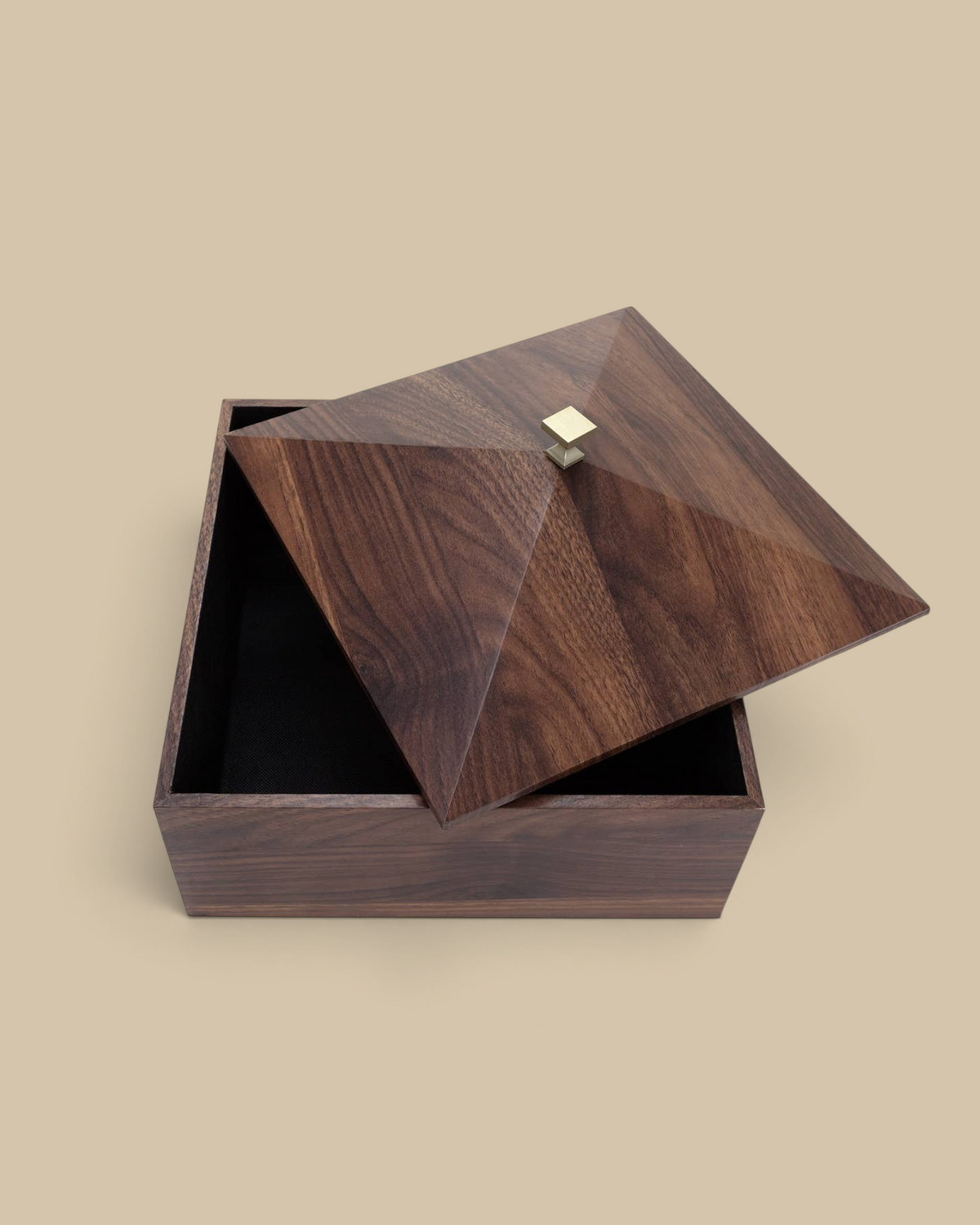 Homestyle Collective Hadway Box made of dark walnut wood with a geometric lid and small gold knob