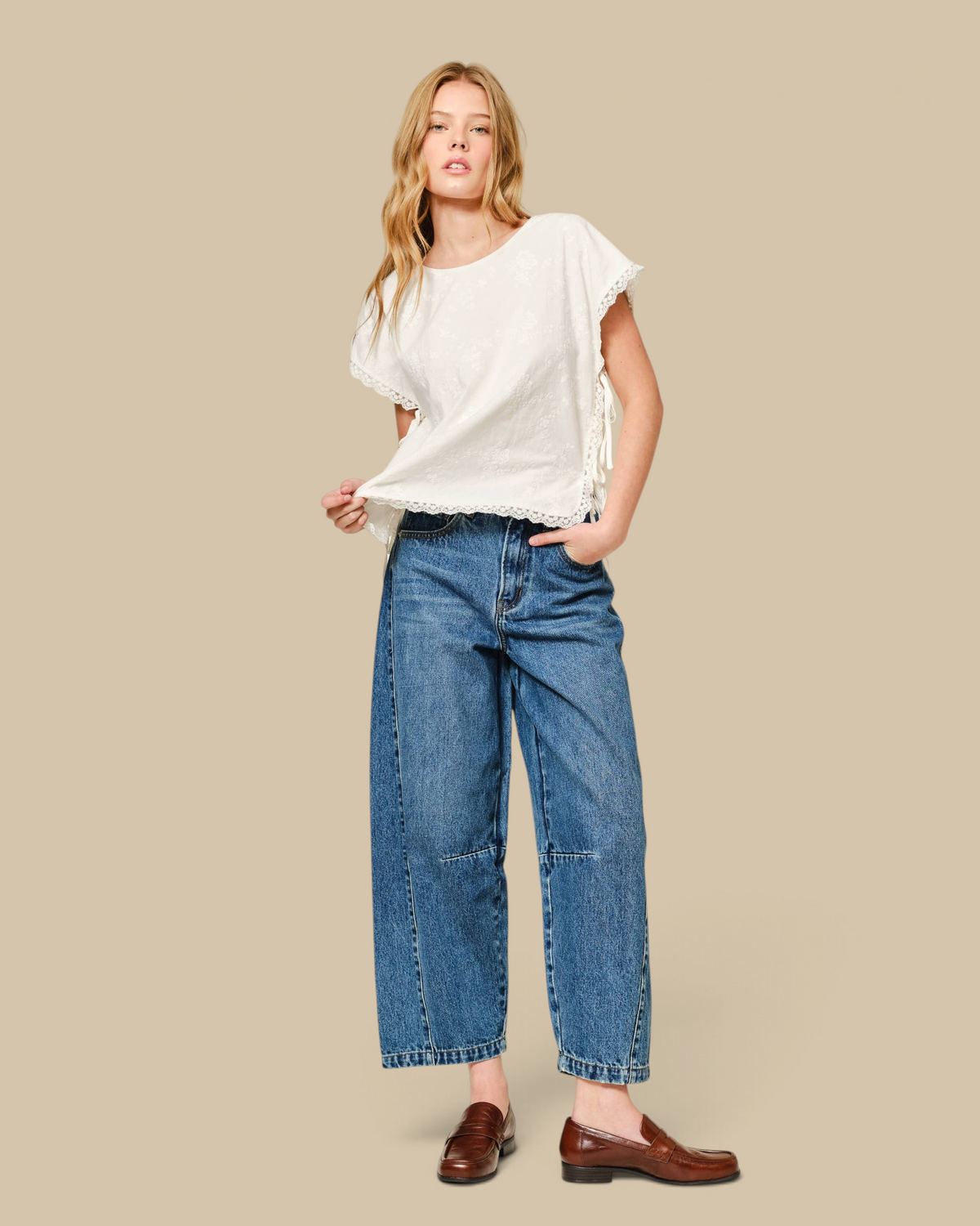 Homestyle Collective mid-rise cropped barrel jeans in blue denim with seam detailing and wide leg silhouette
