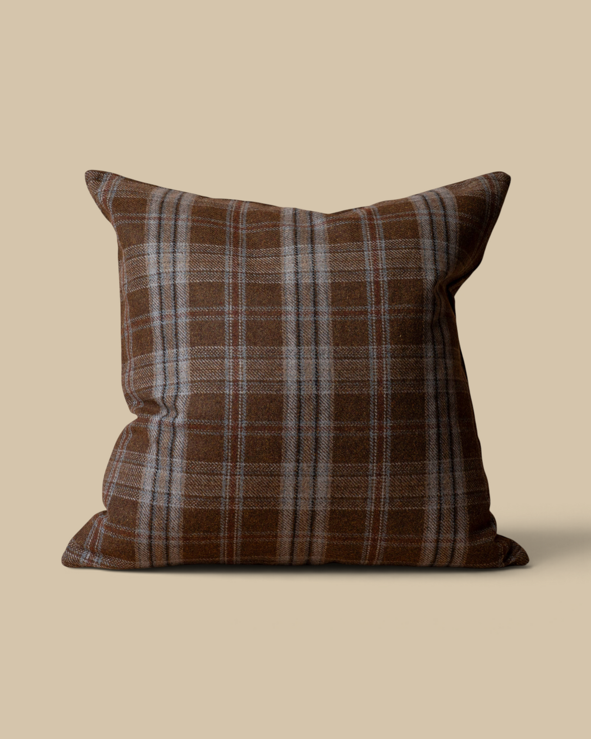 Homestyle Collective Thatcher plaid pillow cover in brown and blue wool-blend fabric with a classic textured pattern.