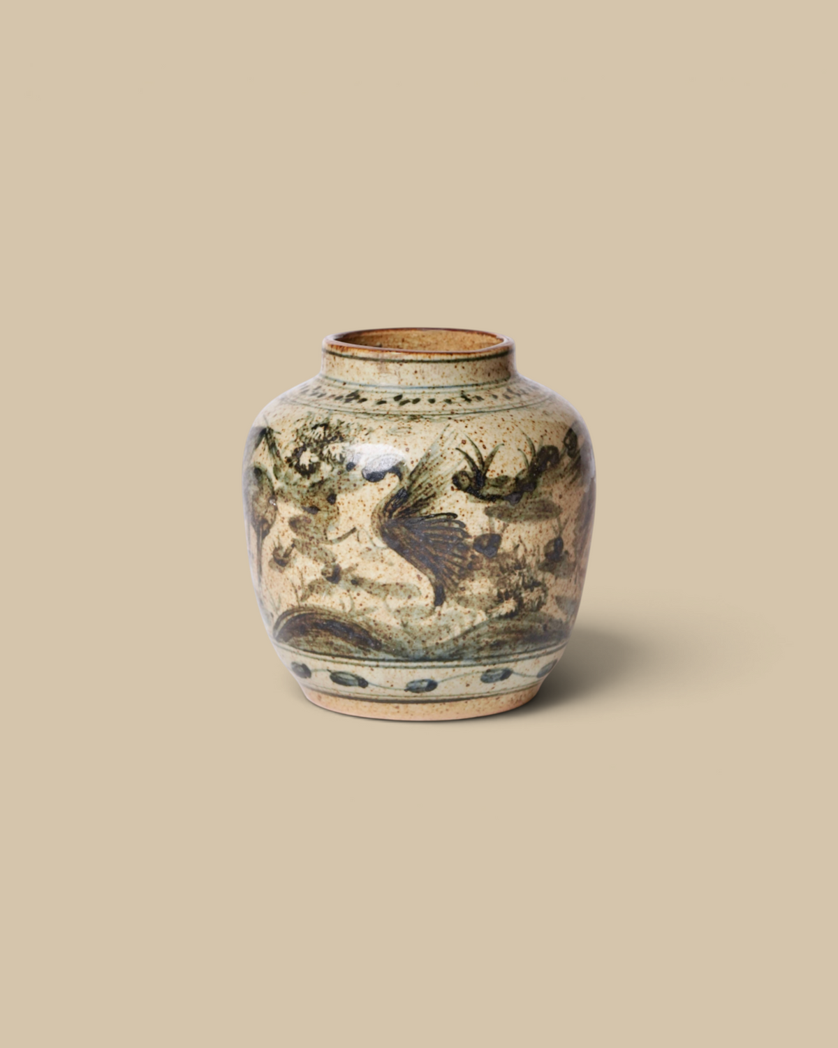 Homestyle Collective rustic porcelain vase featuring watercolor-style crane and deer motifs in brown, cream, and blue.