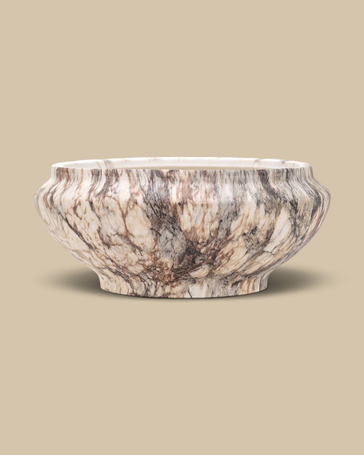 Homestyle Collective Fenmir round ceramic decorative bowl with a brown and beige marble finish