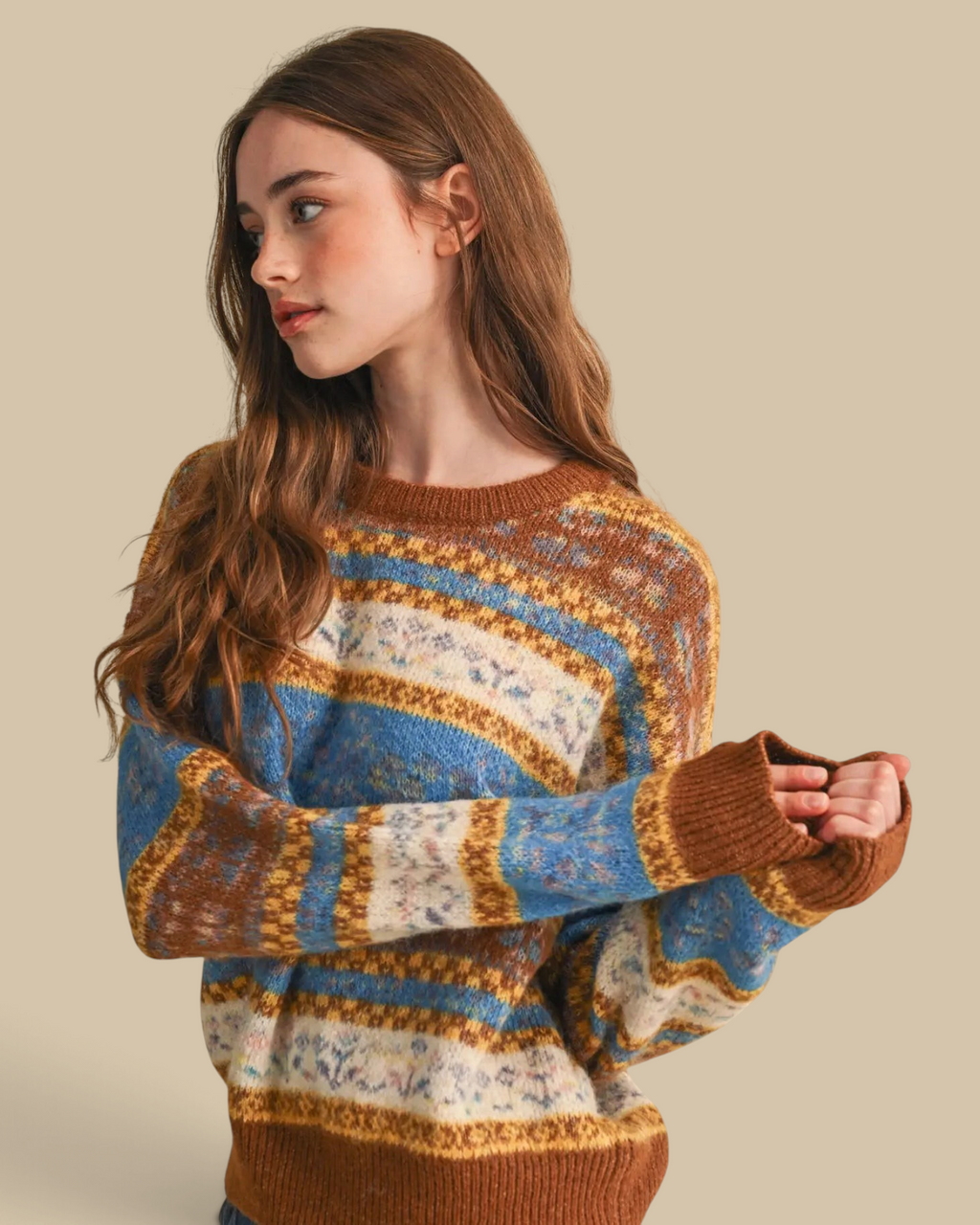 Homestyle Collective Toffee Fair Isle sweater with vibrant floral patterns, drop shoulders, and ribbed trim.